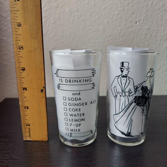 VTG Federal Glass Highball Cocktail Fancy Couple Drink List 5" Set Frosted Back - Picture 4 of 7